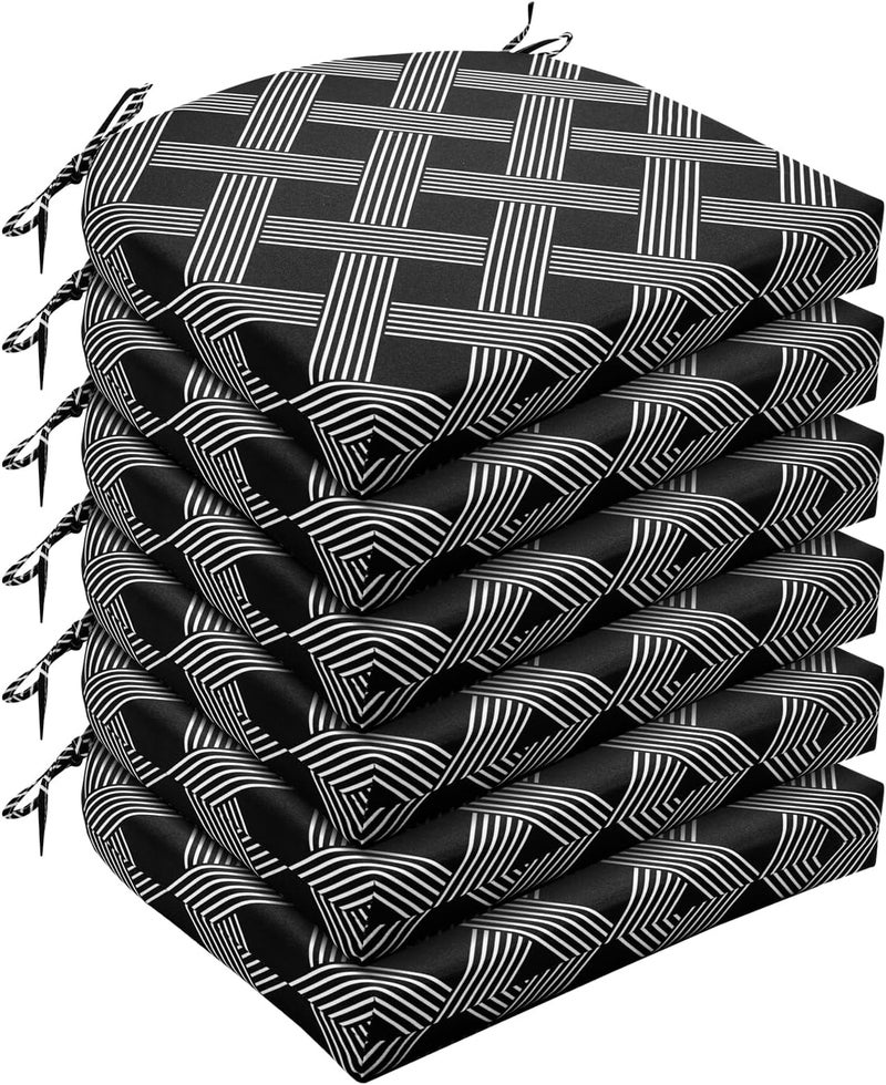 Wellsin Outdoor Chair Cushions for Patio Furniture - Patio Chair Cushions Set of 6 - Water Resistant Round Corner Outdoor Seat Cushions 17"X16"X2", Black Geometry - Image 1